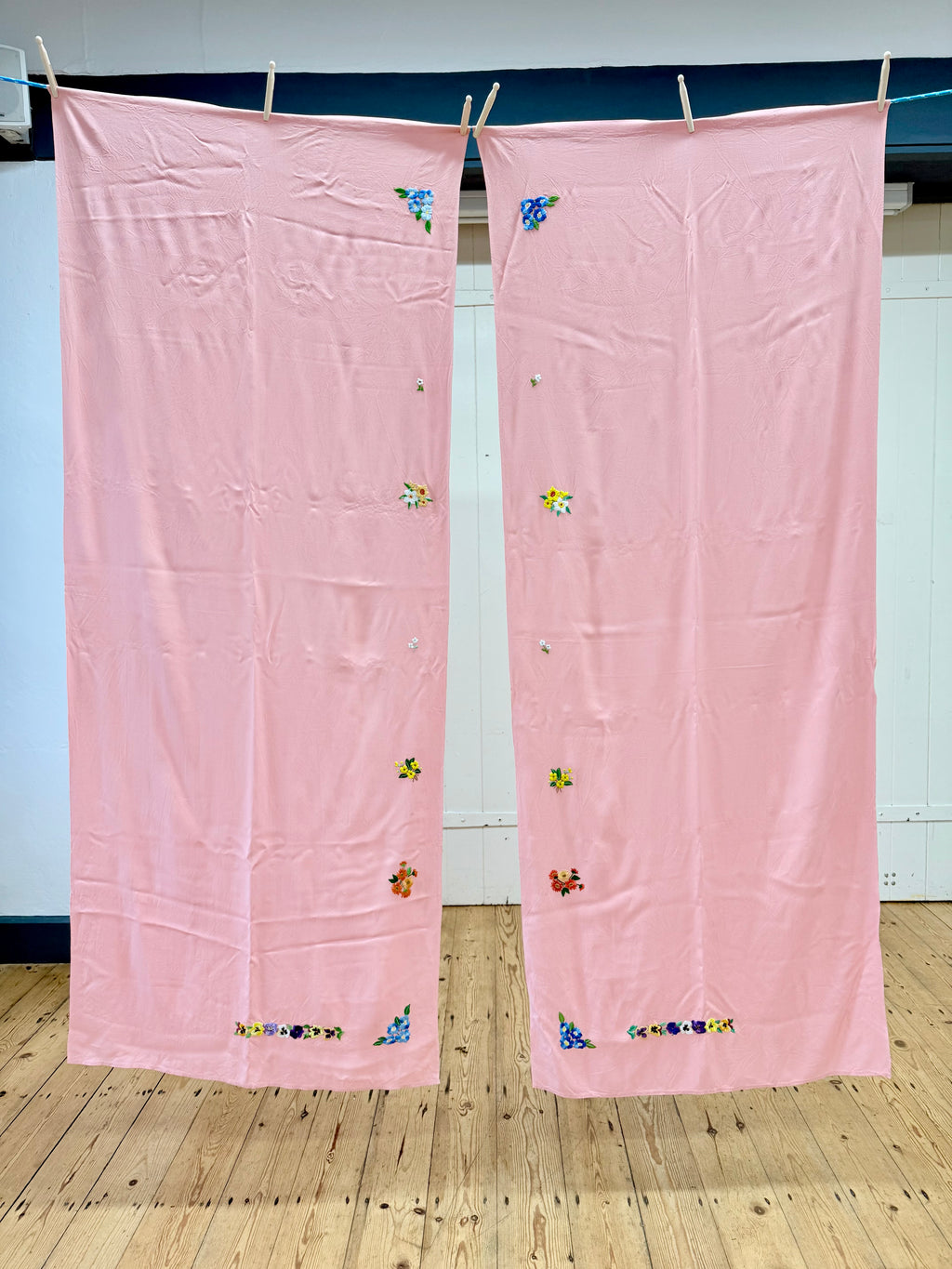 Pair of Pink Vintage Embroidered Curtain Panels
