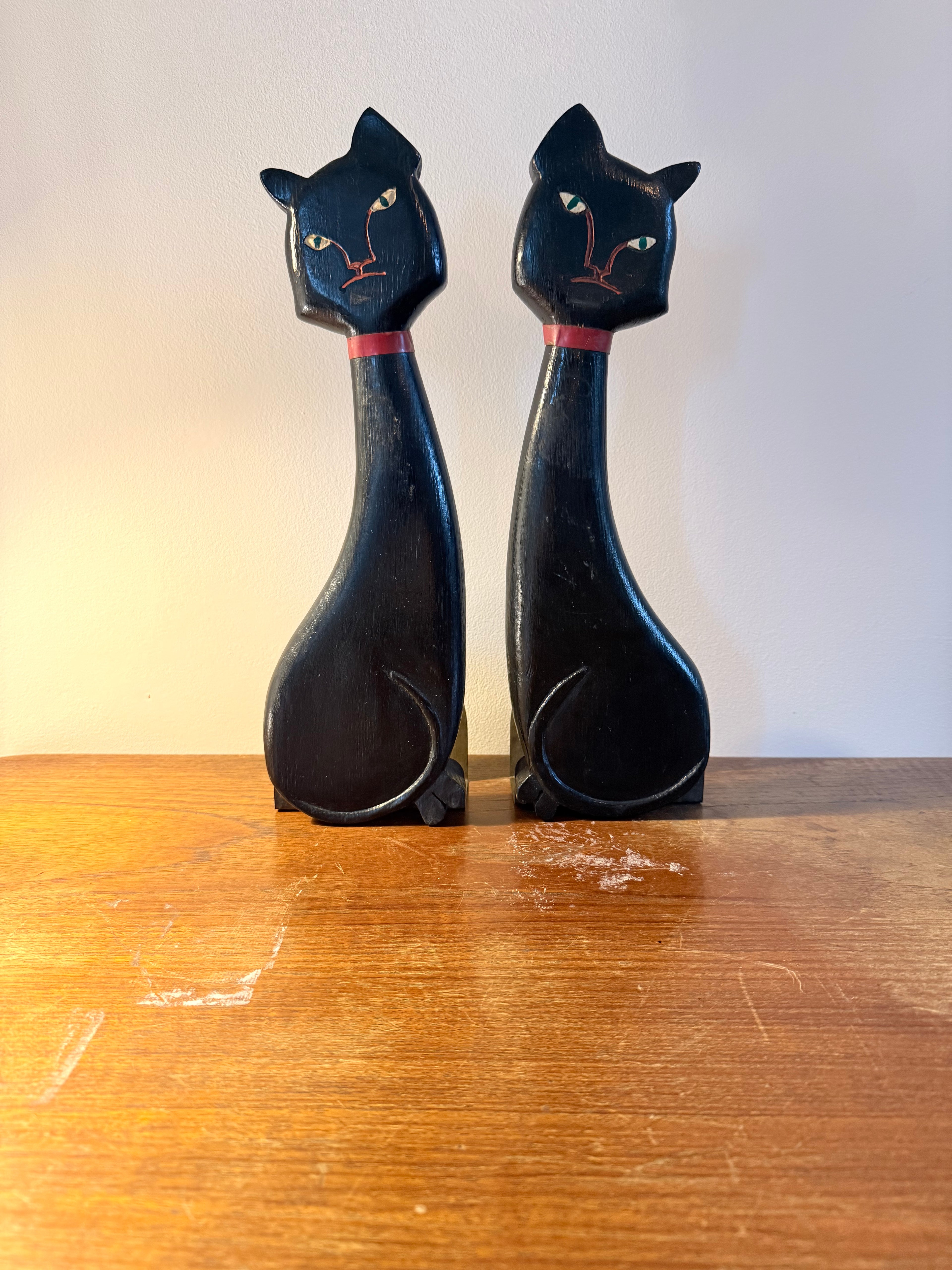 Vintage Mid-Century Wooden Cat Bookends – Wood and Brass
