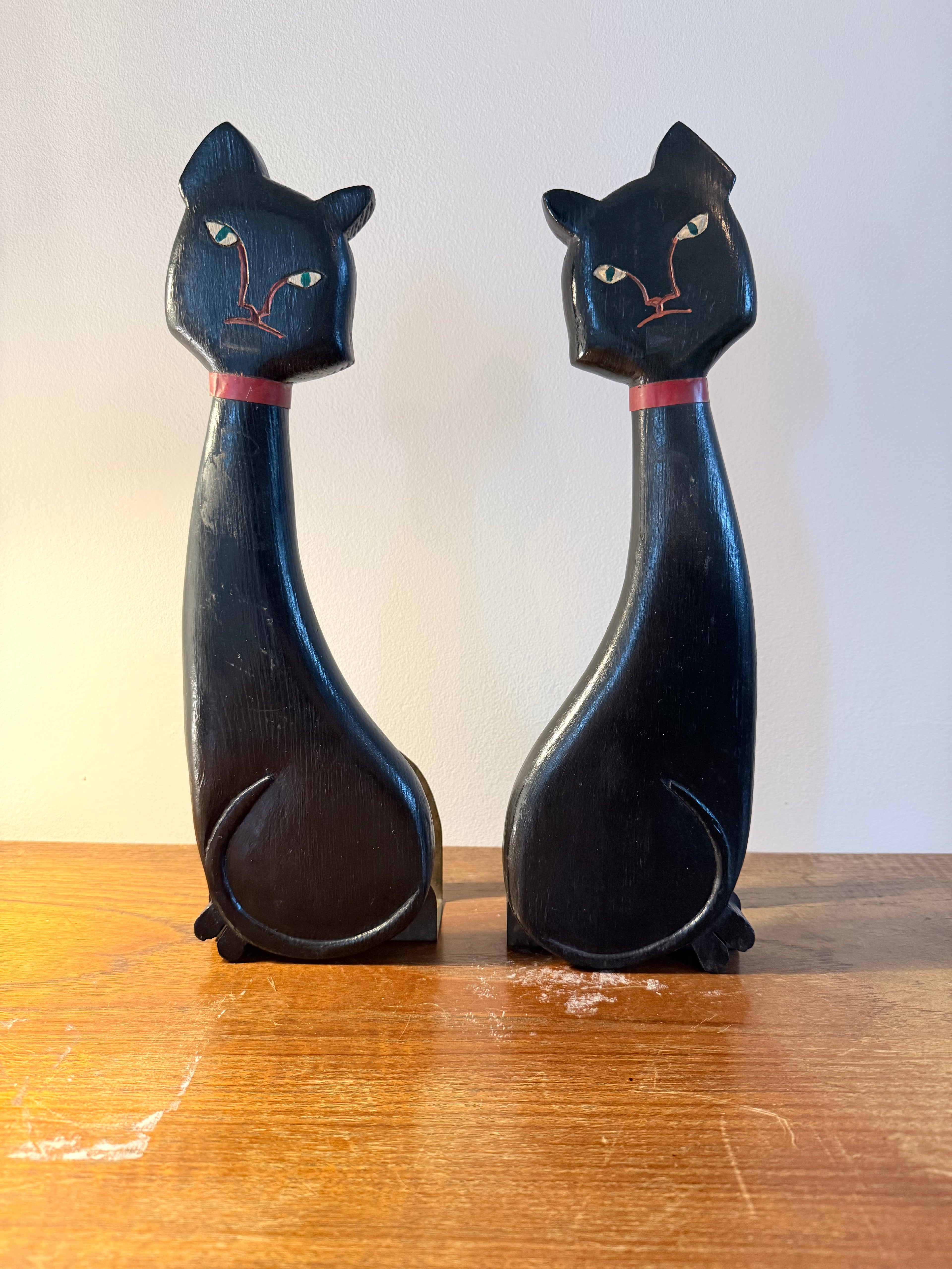 Vintage Mid-Century Wooden Cat Bookends – Wood and Brass