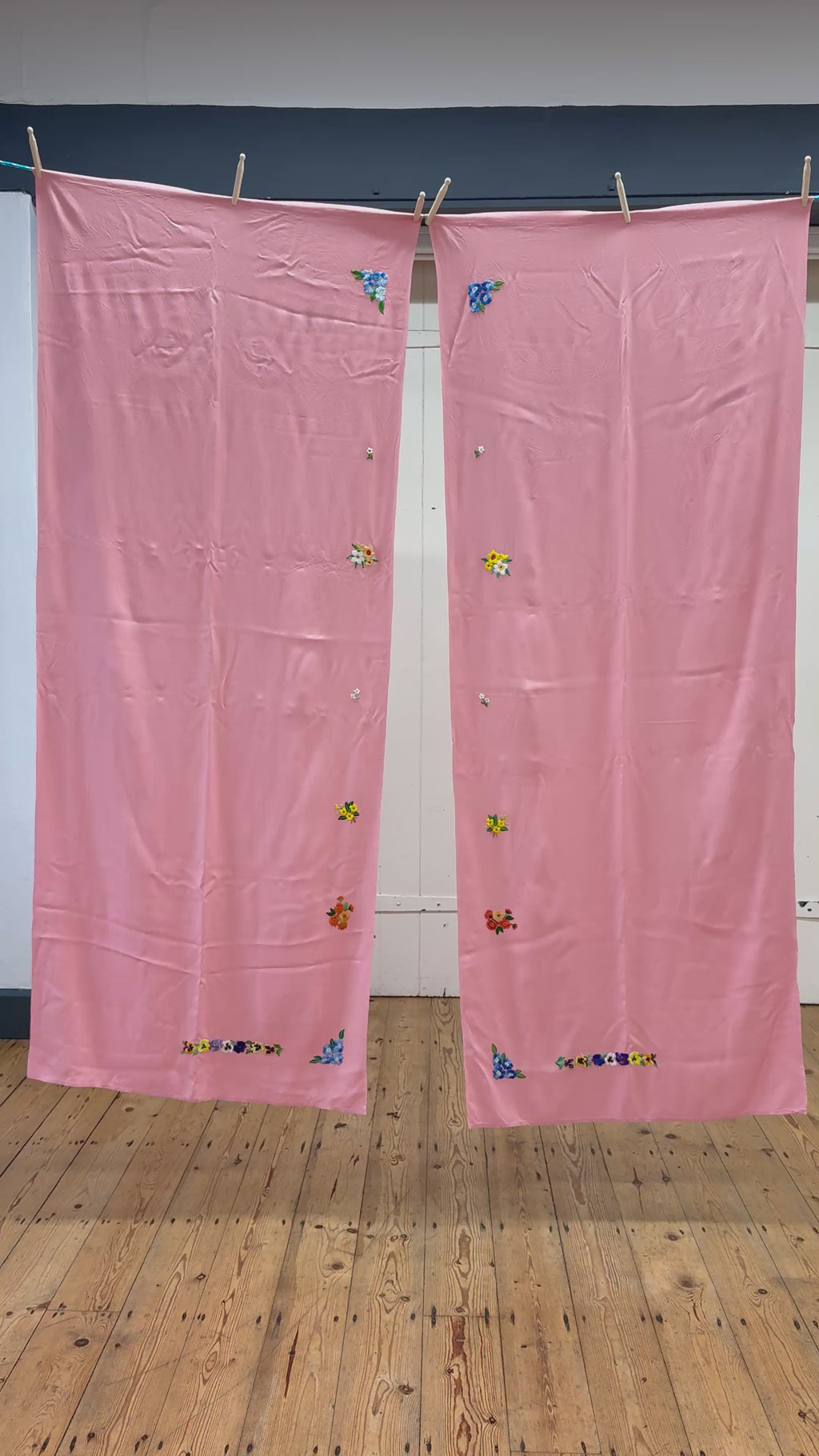 Pair of Pink Vintage Embroidered Curtain Panels
